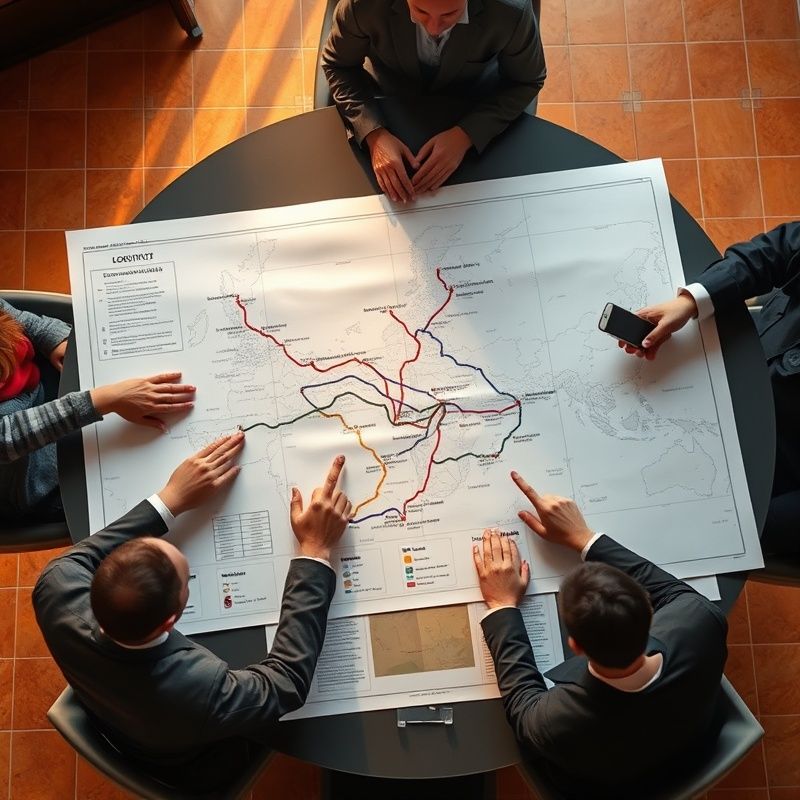 Equipo revisando un mapa de rutas logísticas sobre una mesa de reuniones
