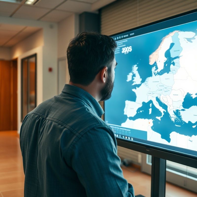 Responsable de operaciones revisando un mapa digital de rutas europeas