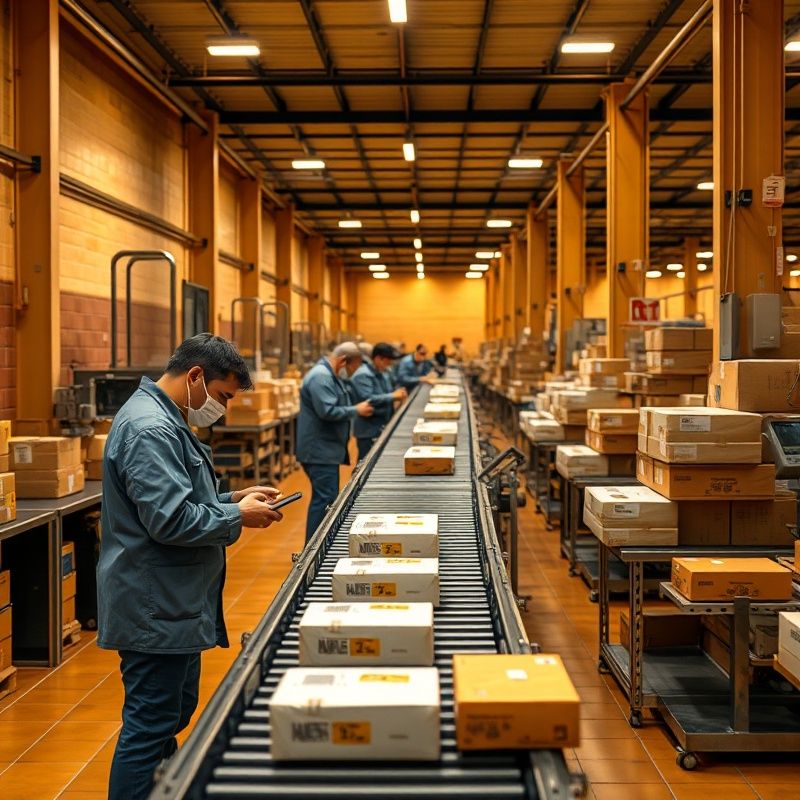 Interior de nave logística con clasificación de paquetería en cinta